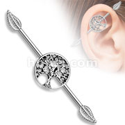 Burnish Silver Life Tree Centered 316L Surgical Steel Industrial Barbells with Leaf Ends