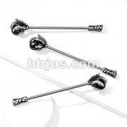 Dragon Claw with Red Crystals Holding Black Ball 316L Surgical Steel Industrial Barbell