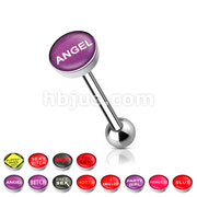 Clear Epoxy Covered Words Inlaid Top 316L Surgical Steel Barbell Tongue Ring