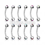 14 & 16ga 316L Surgical Stainless Steel Eyebrow Curved Barbells with Double Press fit jeweled Balls 240pc Pack (20pcs x 12 colors) 
