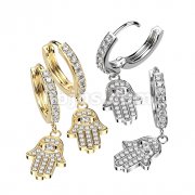 Pair of CZ Paved Front With CZ Paved Hamsa Dangle Hoop Earrings