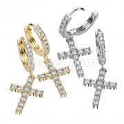 Pair of CZ Paved Front With CZ Paved Cross Dangle Hoop Earrings