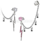 Stud Chain with Balls Earring with Gemmed Thunder Bolt Dangles with End Clip 316L Surgical Stainless Steel 