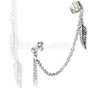 Feather Dangles with Stud Chain Earring with End Clip 316L Surgical Stainless Steel 