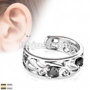 Filigree Branch Cut Out with Prong Set Black CZ Non-Piercing Ear Cuff