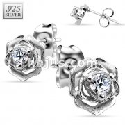 Pair of .925 Sterling Silver Rose with CZ in middle Stud Earrings