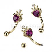 Gold PVD over 316L Surgical Steel Curved Eyebrow Ring With Crown and Pink Gem Heart