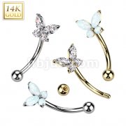 14K Gold Curved Eyebrow CZ or Opal Butterfly Ring