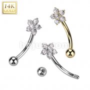 14K Gold CZ Flower Curved Eyebrow Ring