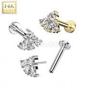 14K Gold Threadless Labret/Flat Back Stud With Round and 3-Marquise CZ Top