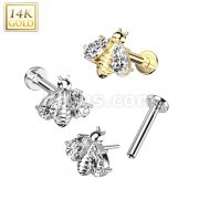 14K Gold Threadless Labret/Flat Back Stud With Bee and CZ Wings Top