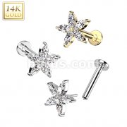 14K Gold Threadless Labret/Flat Back Stud With 5 Marquise CZ Petals Flower Top