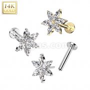 14K Gold Threadless Labret/Flat Back Stud With 6 Marquise CZ Petals Flower Top