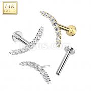 14K Gold Threadless Labret/Flat Back Stud With CZ Paved Curved Line Top