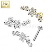 14K Gold Threadless Labret/Flat Back Stud With Flower Center and 2 CZ Ball on Each Side