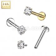 14K Gold Internally Threaded Labret, Flat Back Stud With Prong Set CZ Top