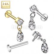 14K Gold Internally Threaded Labret With Prong Set CZ Top and Teardrop CZ Dangle