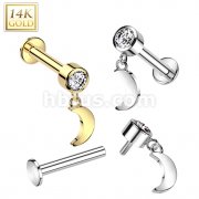 14K Gold Internally Threaded Labret With Bezel Set CZ Top and Crescent Moon Dangle