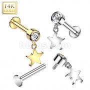 14K Gold Internally Threaded Labret With Bezel Set CZ Top and Star Dangle
