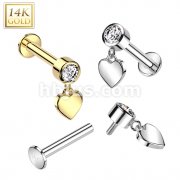 14K Gold Internally Threaded Labret With Bezel Set CZ Top and Heart Dangle