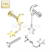 14K Gold Internally Threaded Labret With Crescent Moon Top and Star Dangle