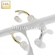 14K Gold Belly Button Navel Ring with CZ Paved Balls