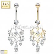 14K Gold Marquise CZ Dangle Heart Chandelier Navel Belly Button Ring