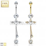14 Karat Solid Gold Navel Ring with Angel Wing Heart CZ Dangle