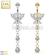 Butterfly Marquise CZ Navel Ring with Triple CZ Dangle 14 Karat Solid Gold