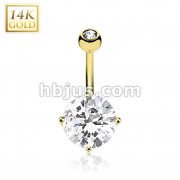 14 Karat Solid Yellow Gold Navel Ring with 10mm Round Prong Set Cubic Zirconia