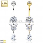 Pear Cut CZ Dangle with Gemmed Flower and Butterfly 14 Karat Solid Gold Navel Ring