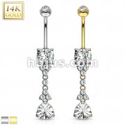 14K Gold Trillion Cut Triangle CZ Dangle With Flowers and Pronged Princess Cut Gem Navel Belly Button Ring