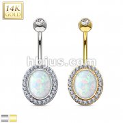 Oval Opal Center with Clear CZ Frame Solid 14KT Gold Non Dangle Navel Ring