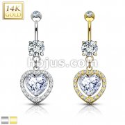 Heart Dangle with Heart Shaped Solitaire CZ 14KT Gold Dangle Navel Ring