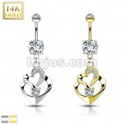 Double Heart Dangle with CZ 14KT Gold Dangle Navel Ring