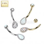 14K Gold Tear Drop With CZ Pave and Top and Center Opal or CZ Belly Button Navel Ring