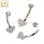 14K Gold Heart CZ Pave Belly Button Navel Ring