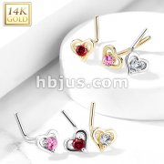 14Kt. Gold L Bend Nose Ring with Prong Set Round CZ Center Pipe Heart