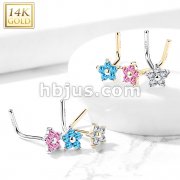14K Gold L Bend Nose Stud Rings with CZ Flower Top
