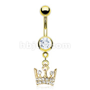 Royal Crown Paved Gem Dangle 14kt Gold Plated Navel Ring  