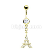 Eiffel Multi Pave Gem Tower Dangle 14kt Gold Plated Navel Ring 