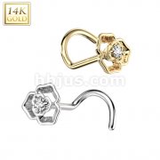 14K Gold Nose Screw Rings With CZ Centered Flower Top