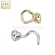 14K Gold Nose Screw Rings With Beaded Edge Heart Top