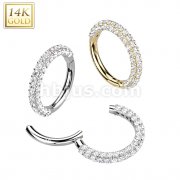 14K Gold Hinged Segment Ring With CZ Paved on Front and Sides of Hoop