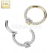 14K Gold Hinged Segment Hoop Ring With Front Facing Round CZ Center and CZ Paved Sides