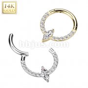14K Gold Hinged Segment Hoop Ring With Front Facing Marquise CZ Center and CZ Paved Sides