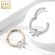 14K Gold Three Marquise CZ with Round CZ Hinged Hoop Rings for Nose Septum, Daith, and More
