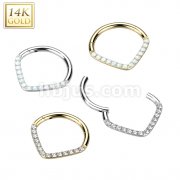 14K Gold Hinged Segment Hoop Ring with Single Line CZ Paved Chevron