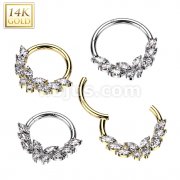 14K Gold Hinged Segment Hoop Ring With CZ Butterfly Center and 3 Marquise CZ on Each Side