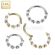 14K Gold Hinged Segment Hoop Ring With Forward Facing Baguette CZ